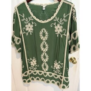 C Est 1946 Cato Blouse Tunic Top 18/20W Green Embroidered Short Sleeve‎ Boho